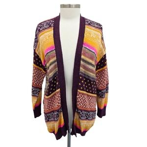 Easel Womens L Multicolor Patchwork Knit‎ Cardigan Boho Festival Open Front